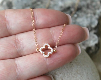 Shamrock necklace, four-leaf clover, 14k gold filled, dainty cubic zirconia, 4 leaf clover, layering necklace, good luck charm