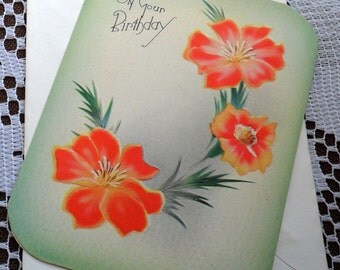 Vintage Happy Birthday Embossed Trailing Orange Yellow Flowers Greeting Card & Envelope 1940s 1950s Unused On Your Birthday Marchant 314 USA