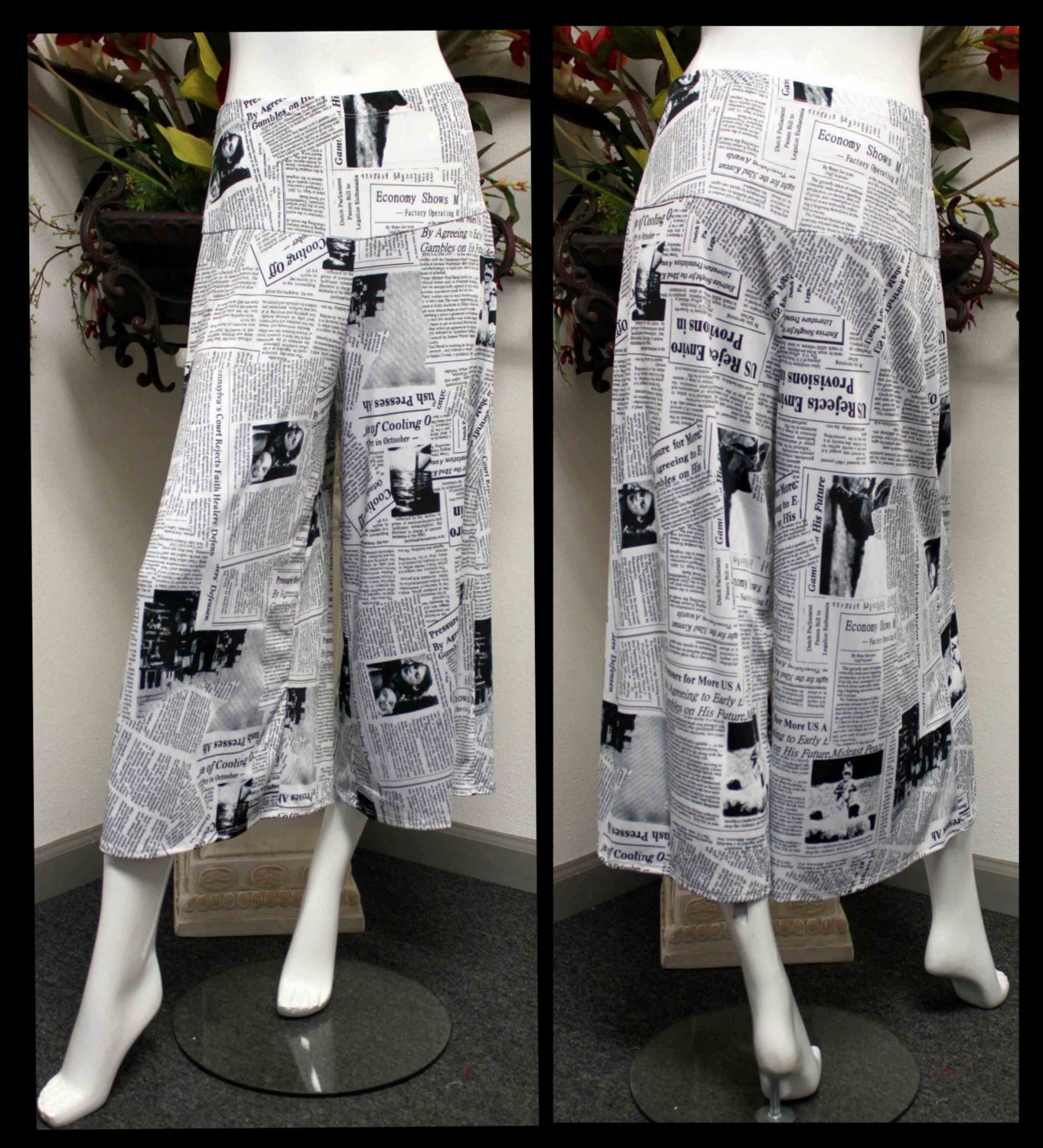 newspaper print pants women's