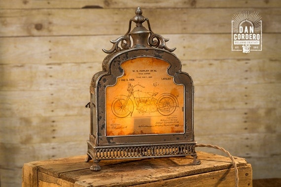 Harley Motorcycle Patent Lantern Table Lamp - Harley Davidson - Desk Lamp - Night Stand - Desk Lamp - Bed Night - Industrial by DanCordero steampunk buy now online