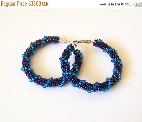 15% SALE Beaded irridescent blue hoop earrings Beadwork by lutita