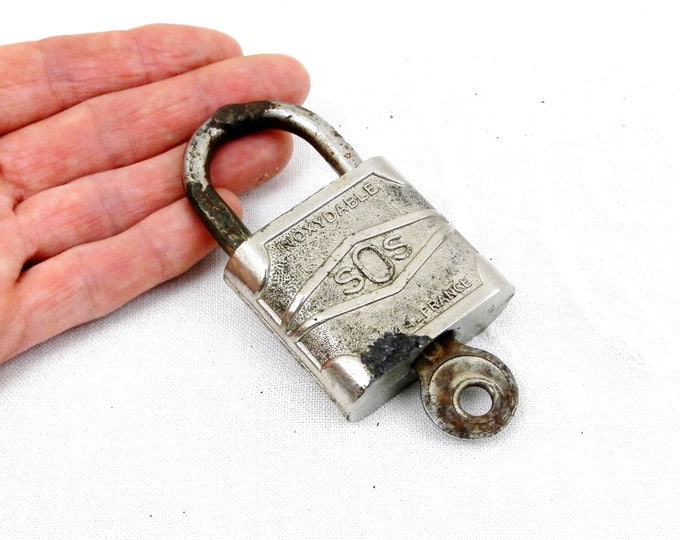 Vintage Working French Metal Padlock with 1 Working Key Made by SOS, Industrial Decor, Retro Vintage Home Interior, Steampunk, Mid Century