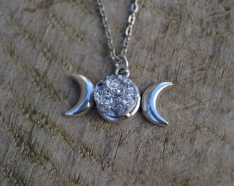 Wiccan jewelry witchcraft , triple moon necklace with silver druzy , druzy moon necklace