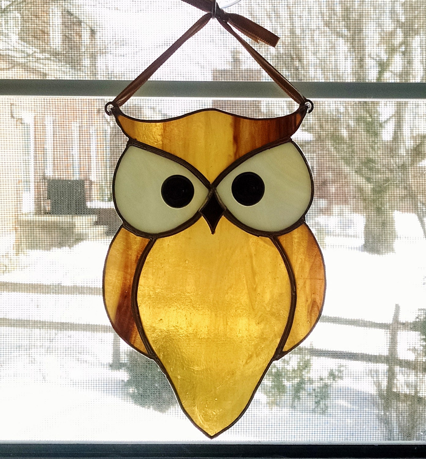  Stained Glass Owl  Suncatcher Gold and Brown Bird Ornament