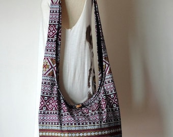 Black Bohemian Bag Ethnic Bag Hobo Bag Cotton Shoulder Bag Crossbody Bag Boho Bag Sling Bag Hippie Bag Messenger Bag Hmong Purse with Zipper