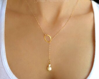 Pearl Necklace - Pearl Lariat Necklace - Small Dainty Freshwater Pearl Necklace - Bridesmaid Pearl Wedding Jewelry - Bridal Necklace Gift