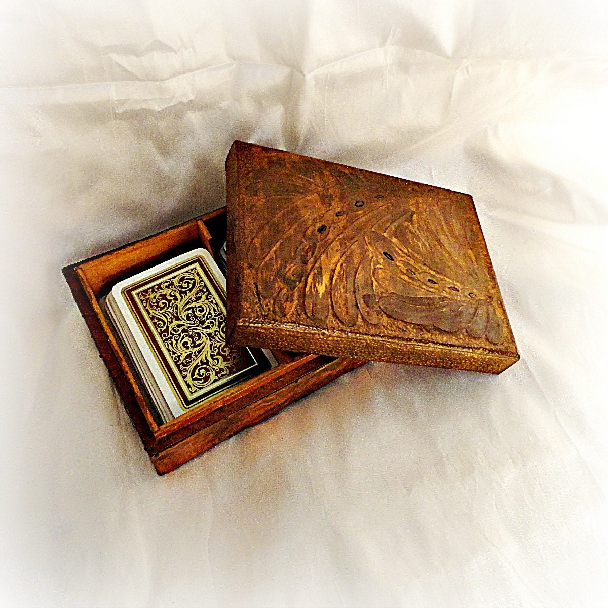 Copper Wood Box Card Playing Box Embossed Design Vintage