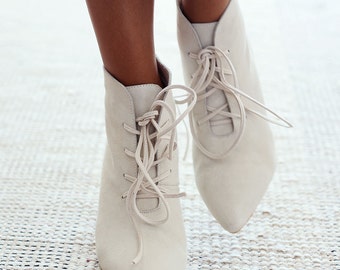 Ivory suede bootie, Ankle boots, suede ankle boots, ivory wedding boots, ivory suede shoe, low heel shoes. Style: Phoenix Boots (SALE!)