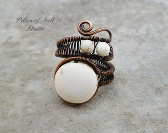 Boho ring // Wire Wrapped Ring / earthy jewelry / copper ring / White howlite wire wrapped jewelry handmade | wire jewelry | adjustable ring