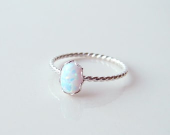 Opal Ring ~ Small Oval Opal Ring ~ Sterling Silver Twisted Ring ~ Dainty Opal Ring ~ October Birthday ~ Gift for Her ~ Stacking Ring