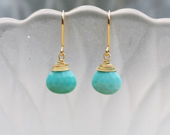 Natural Arizona Sleeping Beauty Turquoise Earrings in Solid 18K Yellow Gold , December Birthstone , Wedding , Bridal , 11th Anniversary