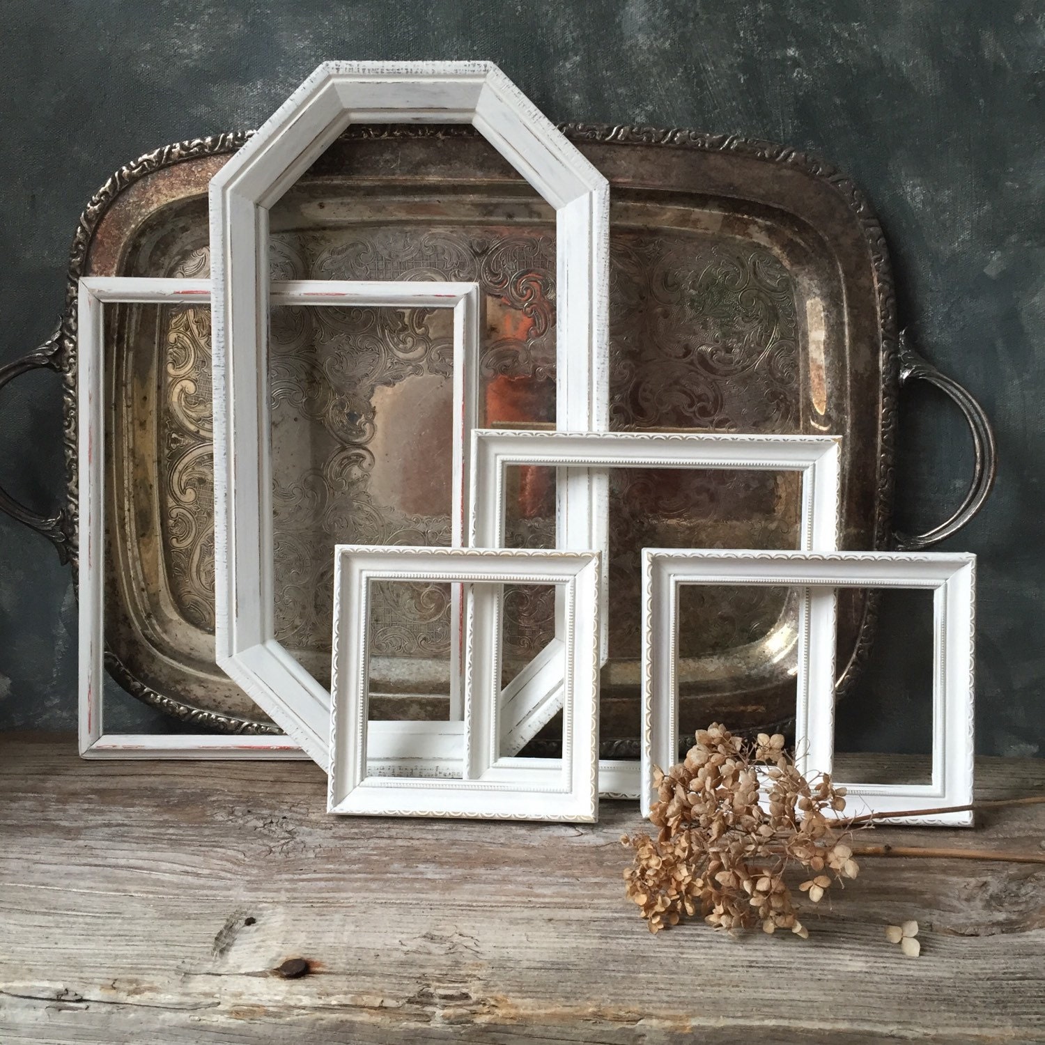 Wood Picture Frames Set Of Five Distressed Painted White