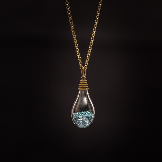 FREE SHIPPING - Blue German Glitter Teardrop Globe - Glass Globe Necklace - Free postage