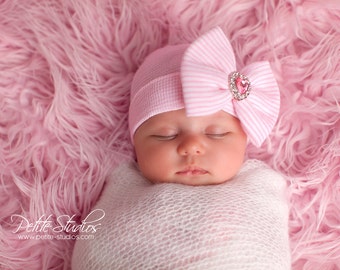Newborn Hospital Hat Bow Baby Girl Hospital Hat Beanie with Bow – pink