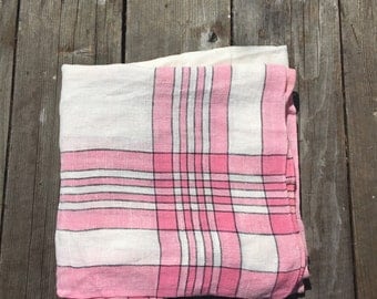 Vintage 1950s Pink Square Linen Tablecloth