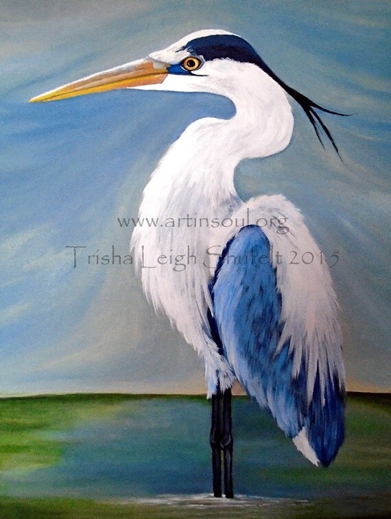 Heron Bird Original Painting Blue Heron 16x20 Acrylic