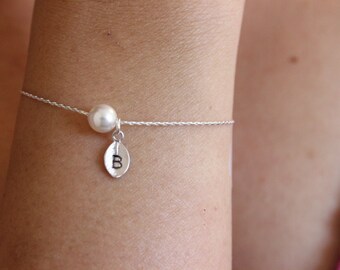 Tiny initial bracelet, personalized pearl bracelet, bridesmaid gift, letter bracelet , dainty bracelet, silver bracelet, simple, minimal