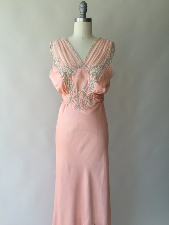 30s peach silk & lace nightgown with chiffon straps and ruffle