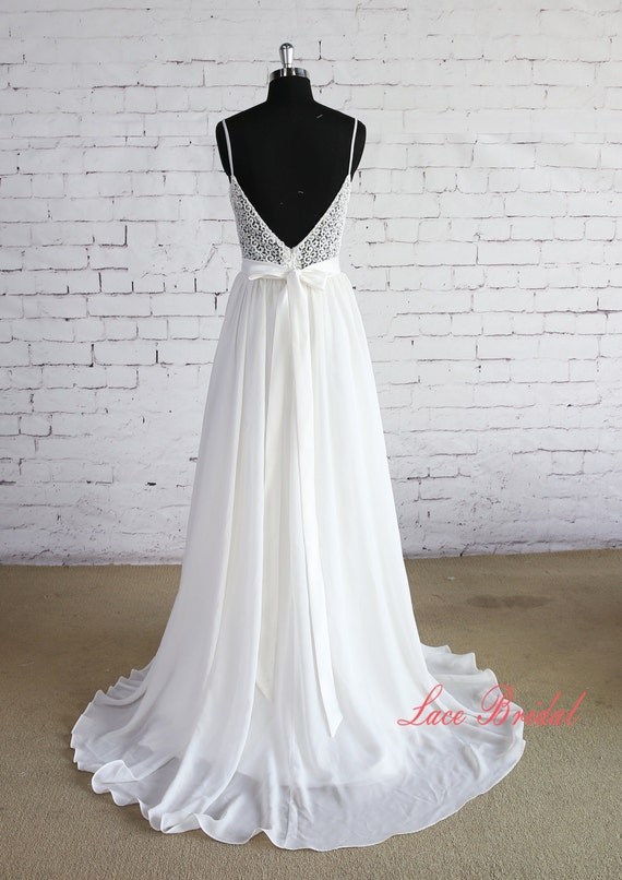Unique Lace Bodice Wedding Gown Spaghetti strap Bridal Gown