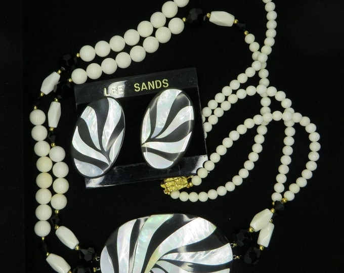 Black & White Necklace, Earrings Set, MOP, Milk Glass Necklace, Vintage Lee Sands Demi Parure, MOP Pierced Earrings
