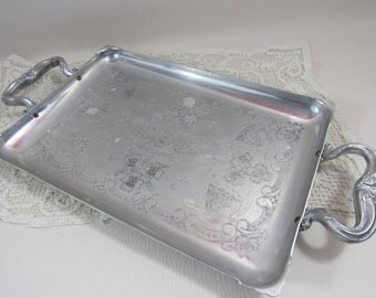 Vintage Ornate Aluminum Decorative Tray Serving Tray with Handles Embossed Floral Tray Mid Century
