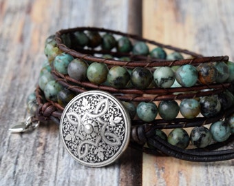African Turquoise Leather Wrap Bracelet, Wrap Bracelet, Beaded Wrap Bracelet, Leather Wrap Bracelet, Wrap Bracelet Leather, Teal Green