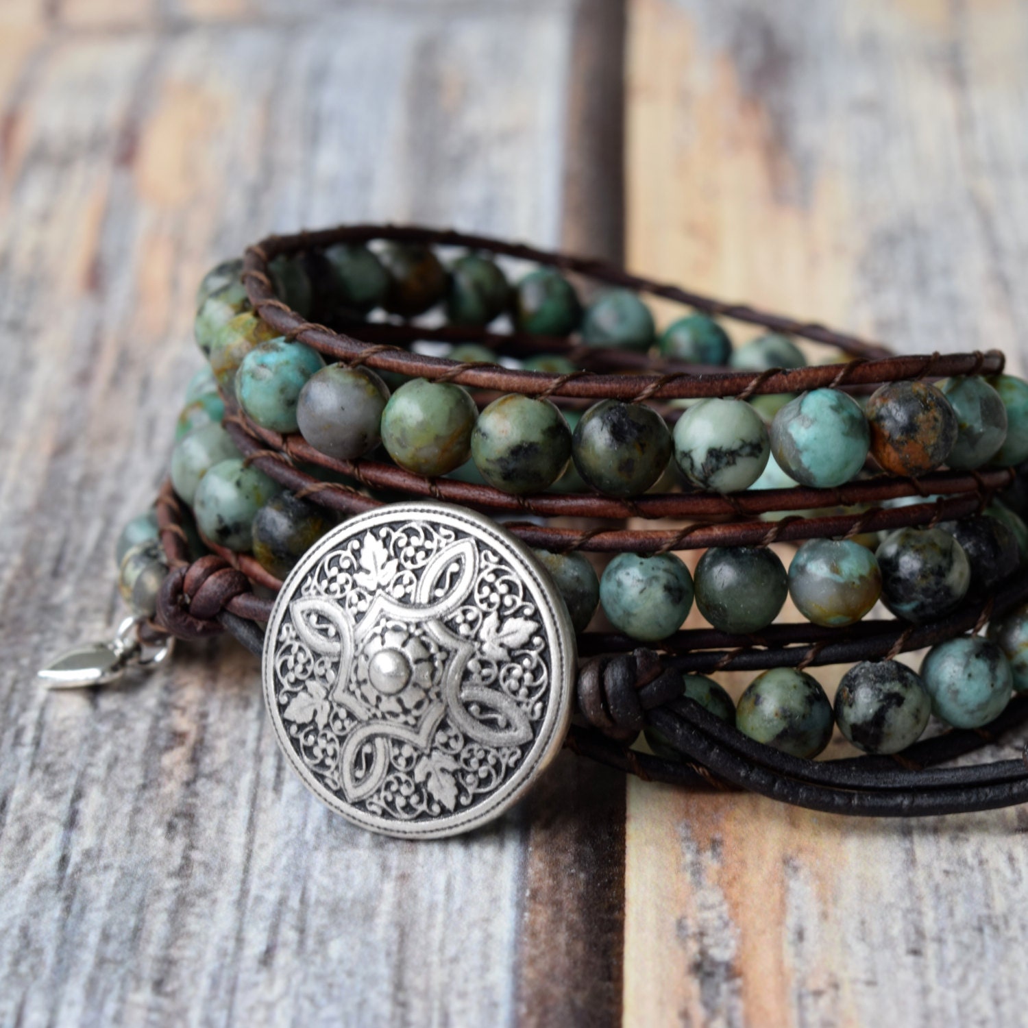 African Turquoise Leather Wrap Bracelet, Wrap Bracelet, Beaded Wrap Bracelet, Leather Wrap Bracelet, Wrap Bracelet Leather, Teal Green