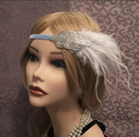 1920's light blue velvet flapper headband head piece