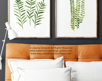Fern Print Green Botanical Art, Set of 2 Ferns Watercolor Painting, Nature Wall Decor, Green Home Decoration, Home Garden Illustration