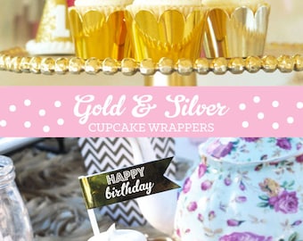 Pink and Gold Cupcake Wrappers Pink and Gold Cupcake Liners - Silver and Gold Foil Cupcake WRAPPERS ONLY (EB3033) set of 12 Wrappers