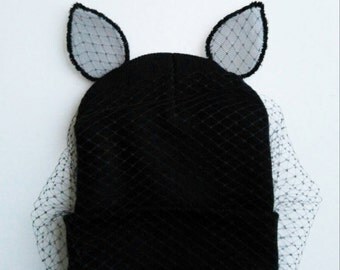 Black Cat Ear Beanie Beanie Hat with cat ears and veil Rihanna custom beanie with veil birdcage fascinator Winter hat costume hat kitty cat