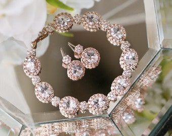 Bridal Jewelry Sets Rose Gold, Rose Gold Bracelet, Bridal Bracelet and Earrings Set, Rose Gold Earrings, Rose Gold Bracelet Set B225-E342RG