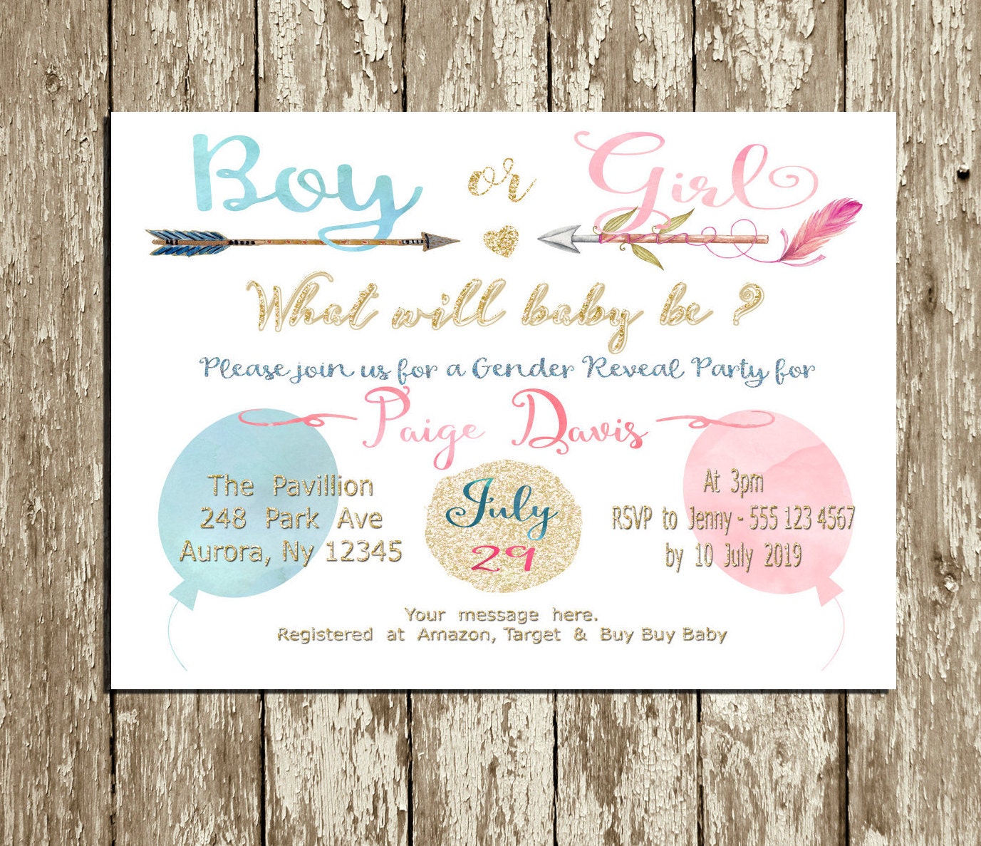 Gender Reveal Invitation Printable Blue and pink Gold arrow