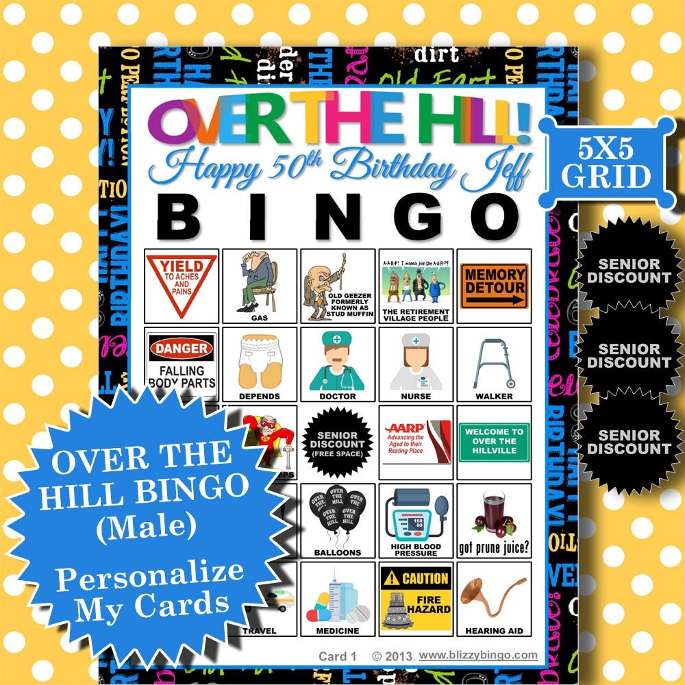 Personalized Over The Hill Male 5x5 Bingo Printable Pdfs