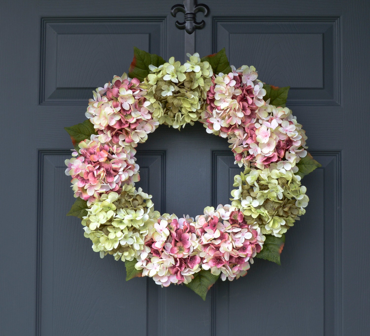 Pink and Green Blended Hydrangea Wreath by HomeHearthGarden
