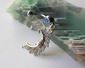 Moon Phases Belly Button Ring, Moon Charm Navel Ring, I Love You To The Moon, Yoga Jewelry, Opal Belly Button Ring, Moon Navel Piercing