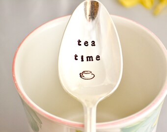 tea time teaspoon, Hand stamped spoon, vintage by samirahcollections