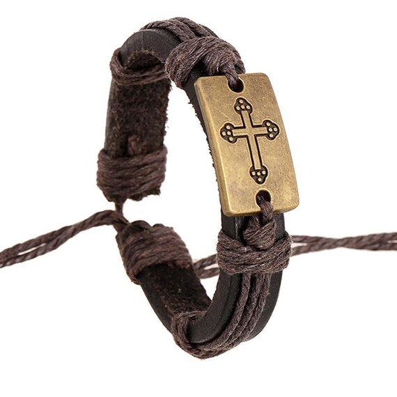 Mens Brown Leather Cross Bracelet Bronze by BraceletStreetUSA