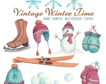 Winter clipart watercolor set, vintage style winter hats and mitten graphics, watercolor clipart winter sports and skates commercial use
