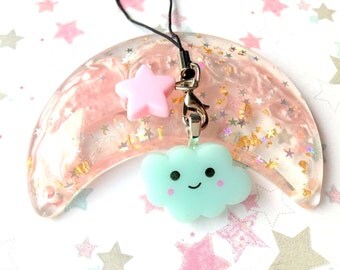 Happy Blue Kawaii Cloud Phone Charm, Pastel Star Bead Cute Cloud Charm, Kawaii Accessory Sweet Lolita, Fairy Kei, Pastel Kei, Anime Style