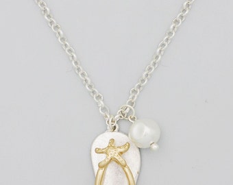 Satin Finish Silver Tone Flip Flop and Faux Pearl Charm Necklace