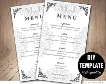 Silver Menu Template,DIY Wedding Menu Card 4X7,Silver Wedding Menu Template Instant Download,Printable Wedding Menu,Grey Menu