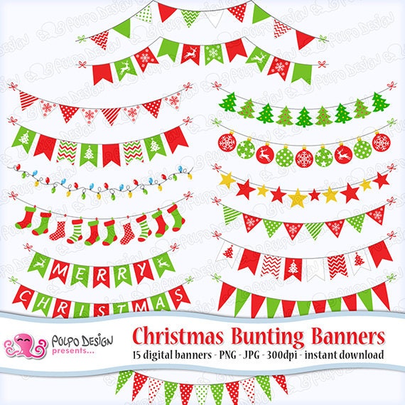 Christmas bunting banners clipart. Digital clip art.