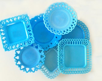 Collection of Vintage Blue Milk Glass Plates, Lace and Lattice Edge, Portieux Vallerysthal PV, Canton, Dithridge, Angel Head
