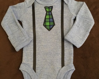 Infant Boy Onesie with Necktie Applique and Suspenders