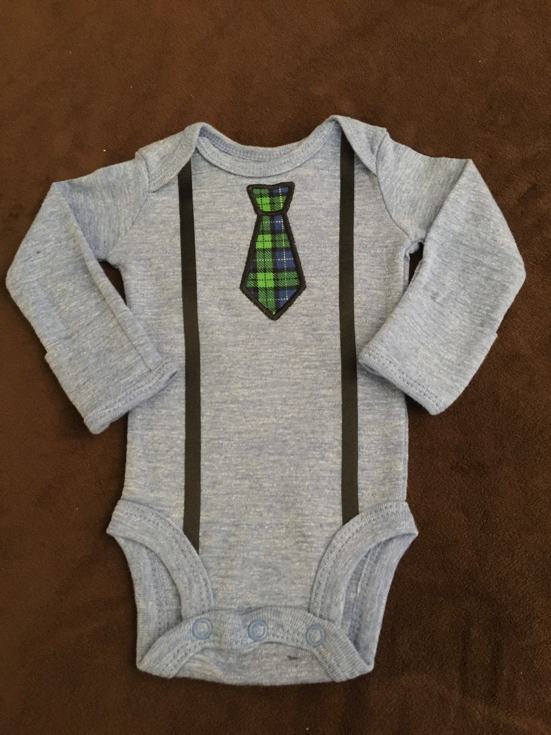 Infant Boy Onesie with Necktie Applique and Suspenders