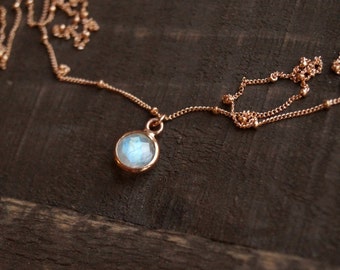 Tiny Moonstone Necklace, Rose Gold Necklace, Rose Gold Satellite Chain, Rainbow Moonstone, Simple Gemstone Necklace, Rose Gold Moonstone