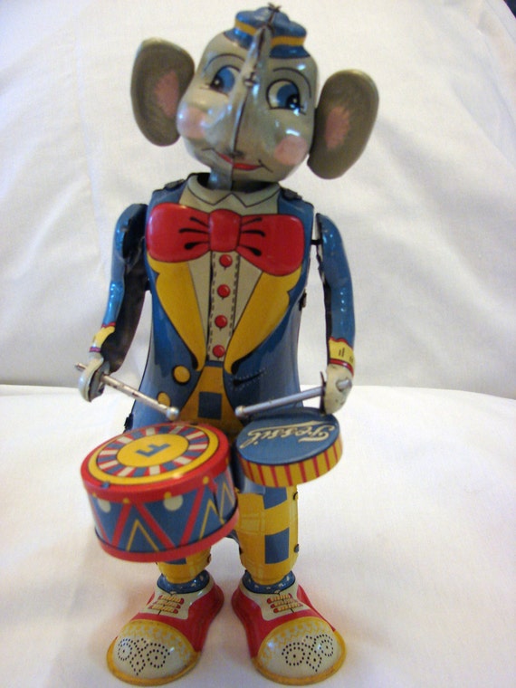 Windup Tin Toy Elephant Drummer by Fossil by ParadigmPrint on Etsy