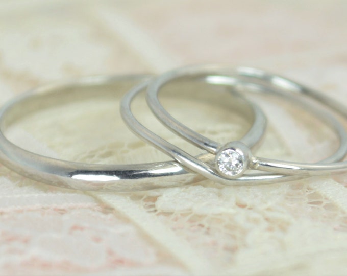 Tiny Diamond Ring Set, Solid White Gold Wedding Set, Diamond Stacking Ring, White Gold Diamond Ring, April Birthstone, Bridal Set, Diamond
