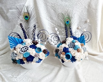 SET of 2 flowers arrangements centerpiece altar decor cream brown dark blue turquoise wedding real PEACOCK feathers pine cones cedar rose